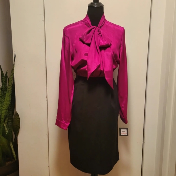 Leslie Fay bow tie top and black skirt dress sz 10 - Picture 2 of 8